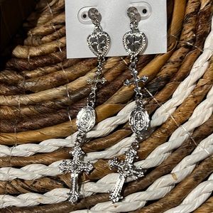 3/$15 E*lasting Long Silver Cross Pierced Earrings- New - Lot 691